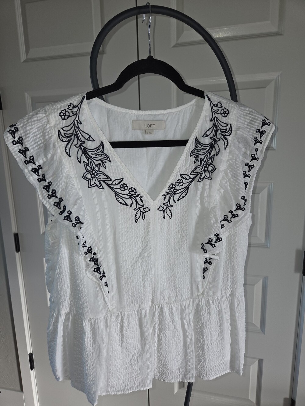 LOFT White Blouse with Black Floral Embroidery